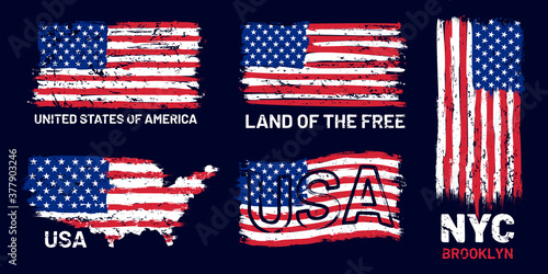 American flag grunge. Patriotic style print with us flag and lettering, t-shirt and poster graphic design grunge texture vector set. Usa flag grunge vintage texture, illustration united patriotic