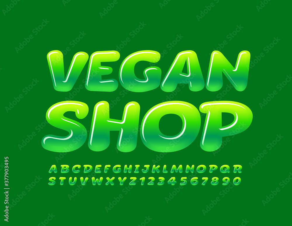 Vector healthy sign Vegan Shop. Glossy modern Font. Shiny green Alphabet Letters and Numbers set 