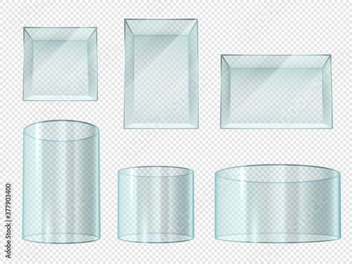 Glass box. Transparent crystal cube and cylinder empty showcases. Museum stand, expo prism pedestal isolated realistic 3d vector set. Illustration cube and cylinder glass, crystal box transparent