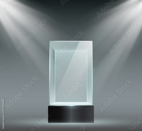 Glass showcase. Transparent plastic cube, empty product or museum display in block shape with spotlights. Prism stand for exhibit vector set. Illustration prism in spotlight, display showcase