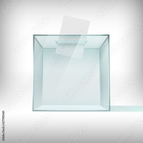 Ballot box. Glass transparent voting container with falling ballot paper. Survey plastic case, usa 2020 president election 3d vector concept. Container for poll, transparent glass box illustration