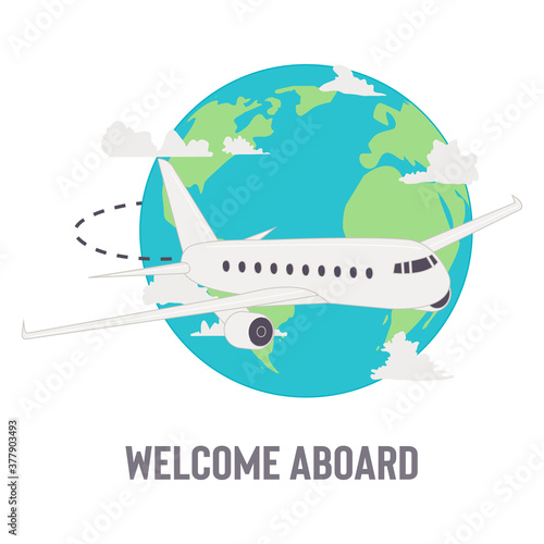 welcome aboard design with plane and planet vector illustration cartoon flat design modern style 