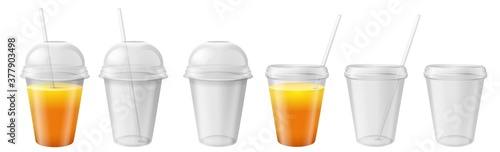 Transparent plastic cup. Takeaway mug with lid and straw. Juice, ice tea and water beverage container realistic vector mockups. Illustration plastic transparent container with dome for tea and juice
