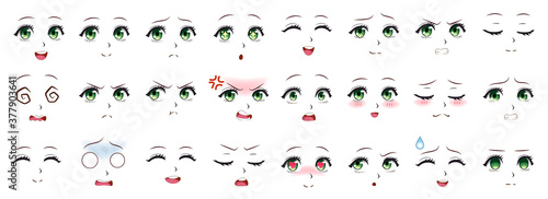 Manga expression. Anime girl facial expressions. Eyes, mouth and nose, eyebrows in japanese style. Manga woman emotions cartoon vector set. Illustration character manga facial girl, cute expression