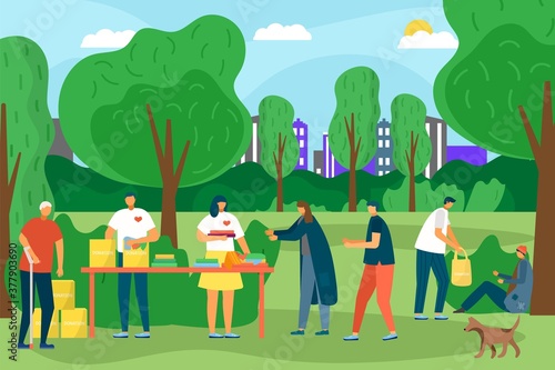 Volunteers help and care people, charity social community support, vector illustration. Volunteering and helping elderly, poor and disabled. Volunteers team with bags of food and things.