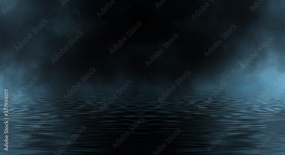 Dark night landscape, light reflection in the water. Fog, smoke, smog. Empty futuristic landscape.