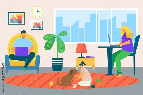 Freelance work home, male, female character working on laptop at home, self employed, home office vector illustration. Workplace in living room. Proffesional freelancers at computer.