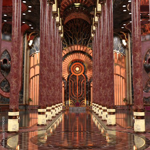3d render of luxury ornate sunny fantasy magical palace hall