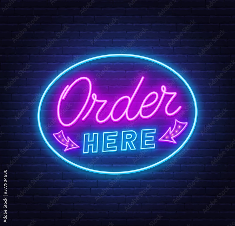 Order here neon sign on brick wall background .