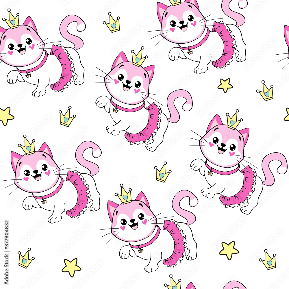 Beautiful pink cat girl in a ballerina skirt and the crown on a white background seamless pattern