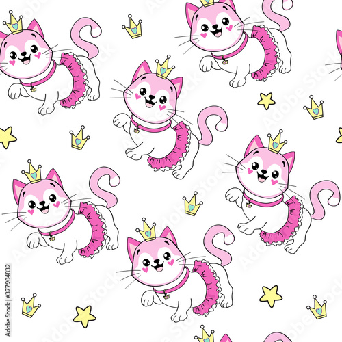 Beautiful pink cat girl in a ballerina skirt and the crown on a white background seamless pattern