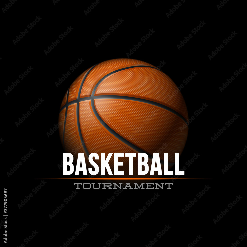 Basketball tournament sport poster design banner with 3d realistic shiny ball isolated on black background. luxury vertical flyer Illustration Basketball championship template realistic orange ball