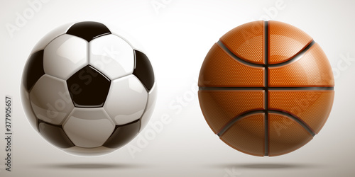 3d realistic shiny basketball and football soccer championship Design banner. Illustration banner with logo Realistic basketball and football soccer balls Isolated on white background. classic balls
