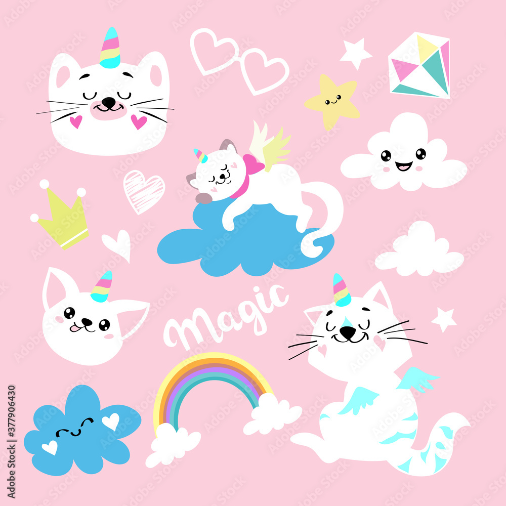 Collection with cats unicorns and clouds on a pink background for children
