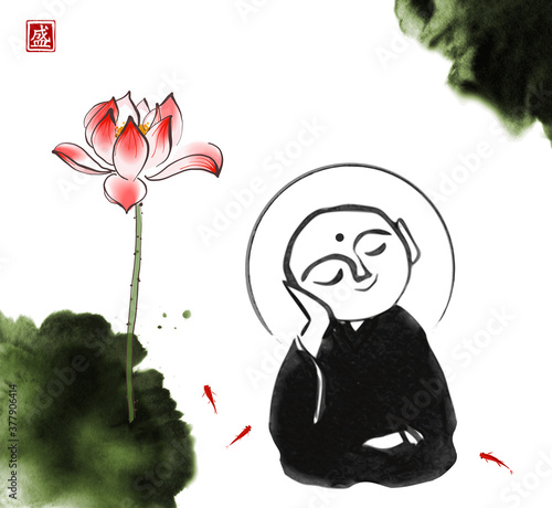 Ink painting of praying japanese boddhisattva Jizo and lotus flower. Traditional Japanese ink wash painting of Buddha sumi-e. Translation of hieroglyph - bloom