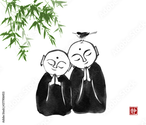 Ink painting of  two praying japanese boddhisattva Jizo and green bamboo tree. Traditional Japanese ink wash painting of Buddha sumi-e. Translation of hieroglyph - silence