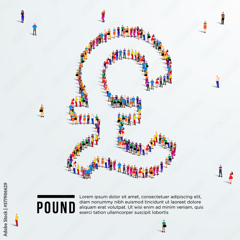 Pound sterling sign. Large group of people form to create British pound sterling sign. Vector illustration. Currency of United Kingdom. Pound sterling sign. Large group of people form to create British pound sterling sign. Vector illustration. Currency of United Kingdom.