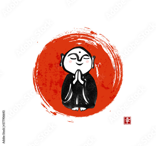 Ink painting of  praying japanese boddhisattva Jizo in big red sun circle. Traditional Japanese ink wash painting of Buddha sumi-e. Translation of hieroglyph - happiness photo