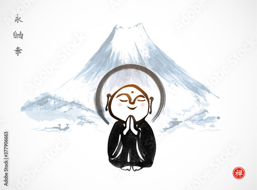 Japanese boddhisattva Jizo and Fujiyama mountain. Traditional Japanese ink wash painting of Buddha sumi-e. Translation of hieoglyphs - Hieroglyphs - eternity, freedom, happiness, zen