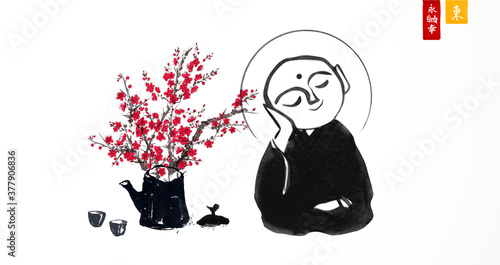 Japanese boddhisattva Jizo and sakura blossom. Traditional Japanese ink wash painting of Buddha sumi-e. Translation of hieroglyph - Hieroglyphs - eternity, freedom, happiness, east