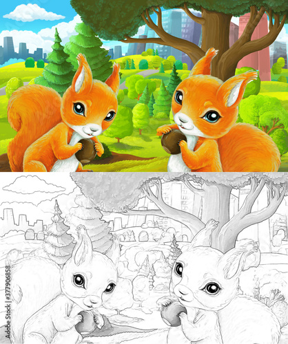 cartoon sketch scene in park outside the city with squirrel