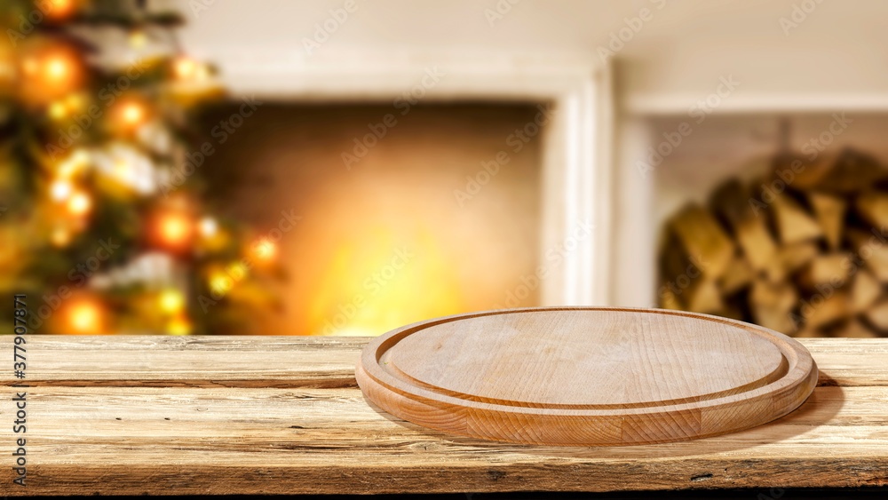 Obraz premium Table background of free space and fireplace