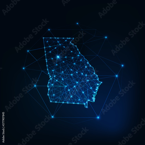 Georgia state USA map glowing silhouette made of stars lines dots triangles, low polygonal shapes.