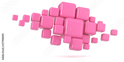 Many pink cubes flying on a white background. 3d render illustration. Abstraction illustration.