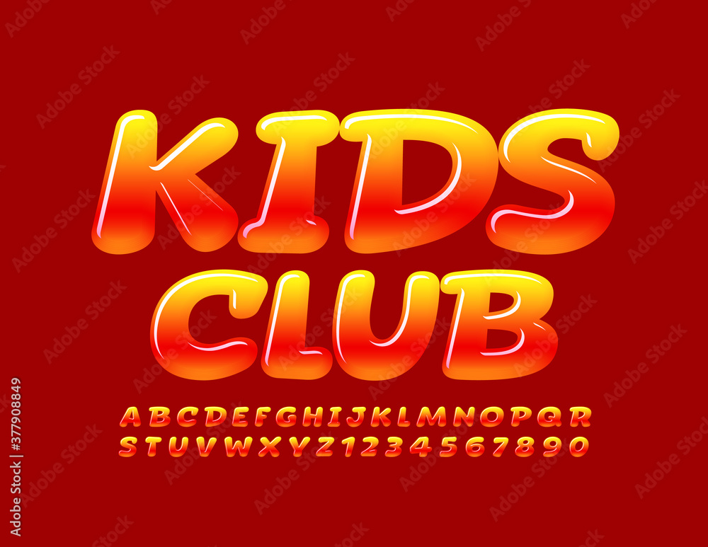 Vector creative banner Kids Club. Bright glossy Font. Gradient color Alphabet Letters and Numbers set Vector creative banner Kids Club. Bright glossy Font. Gradient color Alphabet Letters and Numbers set