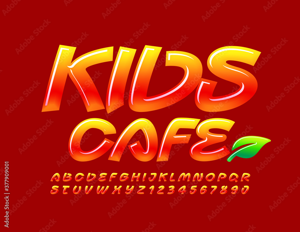 Vector creative sign Kids Cafe. Bright Red and Yellow Font. Glossy Alphabet Letters and Numbers set 