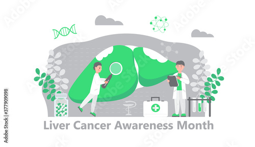 Liver cancer awareness month concept. Tiny doctors treat the liver. Trendy background vector for for website and mobile website development