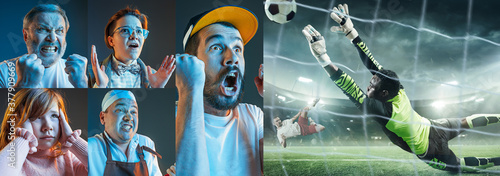 Emotional friends or fans watching football  soccer match on TV  look excited. Fans support  championship  competition  sport  entertainment concept. Collage of neon portraits and sportsman in action.