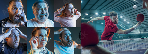 Emotional friends or fans watching table tennis, ping-pong match on TV, look excited. Fans support, championship, competition, sport, entertainment concept. Collage of neon portraits and sportsman in