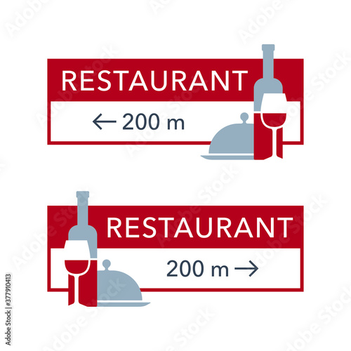 Restaurant destination sign for signpost with dishes, glass, wine bottle and place for arrow and distance