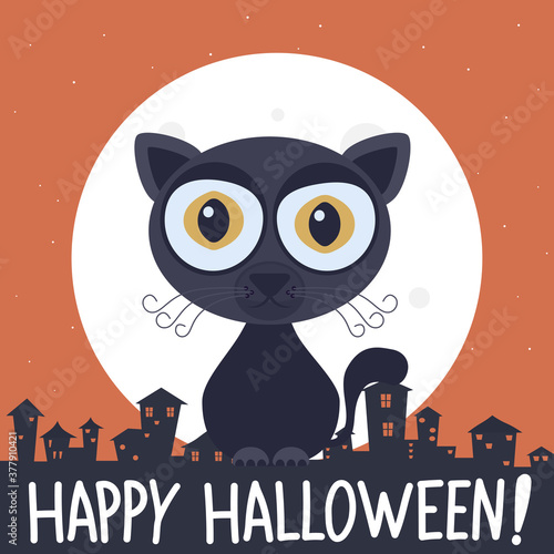 Happy halloween banner with cartoon dark cat.Vector halloween black cat cartoon character illustration from halloween collection.