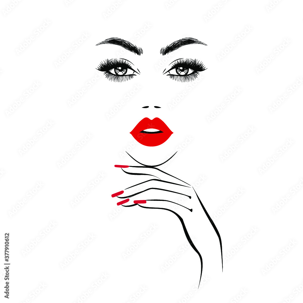 Beautiful girl face with red lips, lush eyelashes, hand with red manicure nails. Beauty Logo. Vector illustration Beautiful girl face with red lips, lush eyelashes, hand with red manicure nails. Beauty Logo. Vector illustration