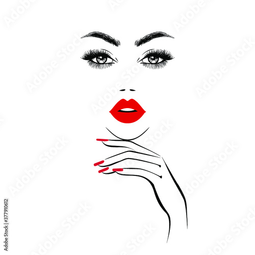 Beautiful girl face with red lips  lush eyelashes  hand with red manicure nails. Beauty Logo. Vector illustration