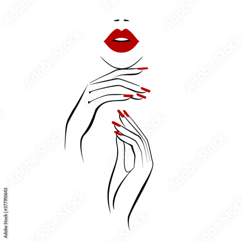 Red lips, hand with red manicure nails. Beauty Logo, nails art. Vector illustration, spa salon, sign, symbol, nails studio.