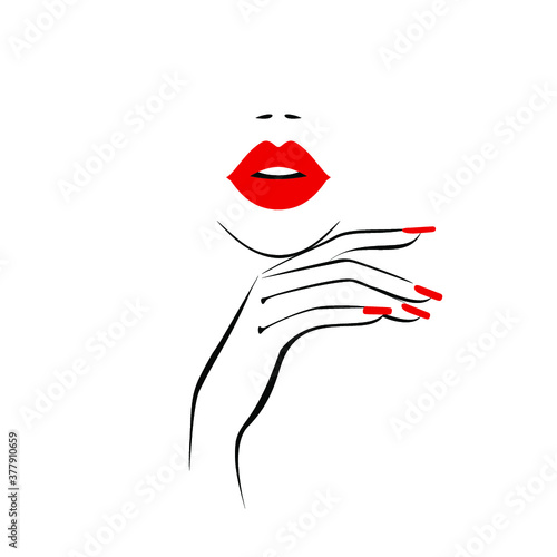 Red lips, hand with red manicure nails. Beauty Logo, nails art. Vector illustration, spa salon, sign, symbol, nails studio.