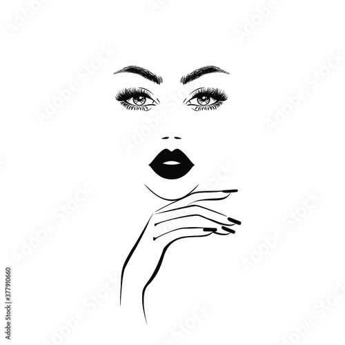 Beautiful girl face with black lips, lush eyelashes, hand with red manicure nails. Beauty Logo. Vector illustration