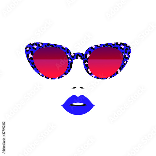 Fashion beautiful woman face in stylish sunglasses with leopard pattern, fashion glasses. Beauty logo. Vector illustration. 