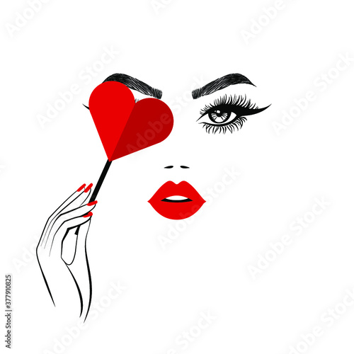 Beautiful woman face is keeping paper heart in her hand and closing eye  red lips  lush eyelashes  red nails manicure art. Beauty logo. Vector illustration  wallpaper background.
