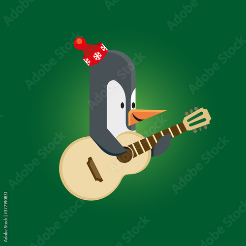 Penguin in a warm winter hat plays the guitar