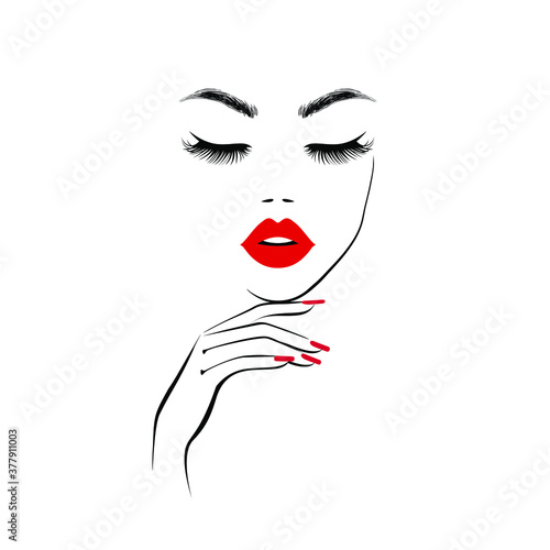 Fotografia Beautiful girl face with red lips, lush eyelashes, hand with red manicure nails
