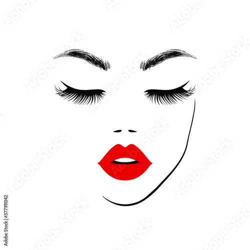 Beauty logo, beautiful woman face, sexy red lips, eyelash extensions, fashion woman, curly hairstyle, hair salon sign, icon, hand with red manicure nails. Vector illustration.