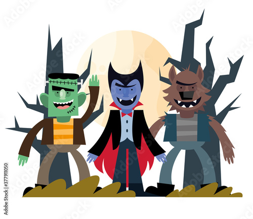 Halloween frankenstein vampire and werewolf cartoons vector design