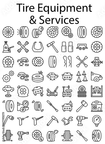 Tire Shop Icons Set, Vehicle Alignment Service Center Tool Vector, Auto Service Center Instruments Design, Wheel Store Elements on white background