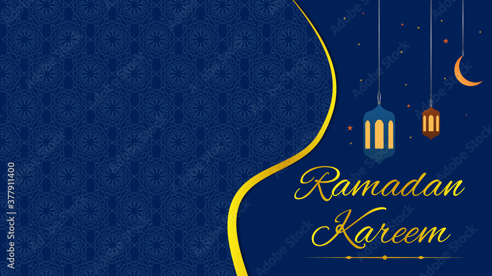Fototapeta premium Ramadan kareem eastern pattern lamps moon stars blue yellow illustration background