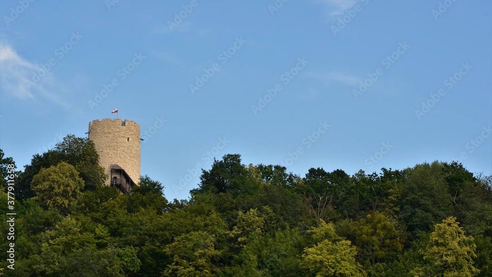 Kazimierz Dolny Castle - thirteenth and fourteenth-century Romanesque castle ruins with tower located in Kazimierz Dolny, Poland, Europe. Panoramic view