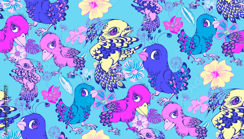 Cute small bird and flowers. Seamless pattern. Vector illustration. Suitable for fabric, mural, wrapping paper and the like. Will be well to look in the design of children's room